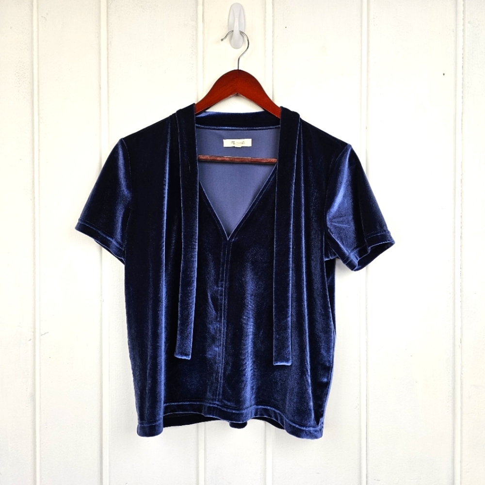 Madewell Nightfall Navy Blue Velvet Tie-Neck Short Sleeve Top sz Small